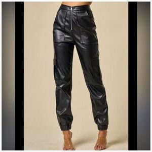Blue Blush Black Faux Leather Joggers